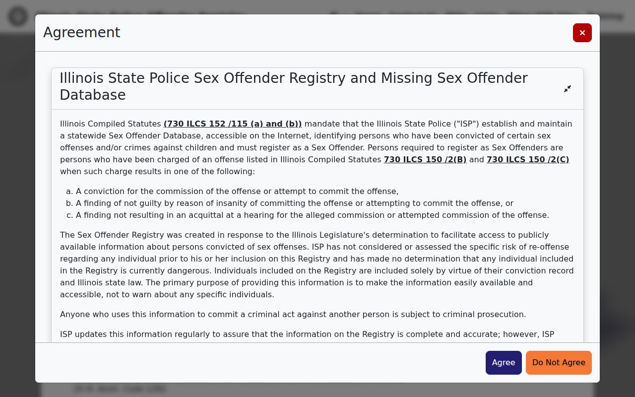 Illinois State Police Sex Offender Registry entry page
